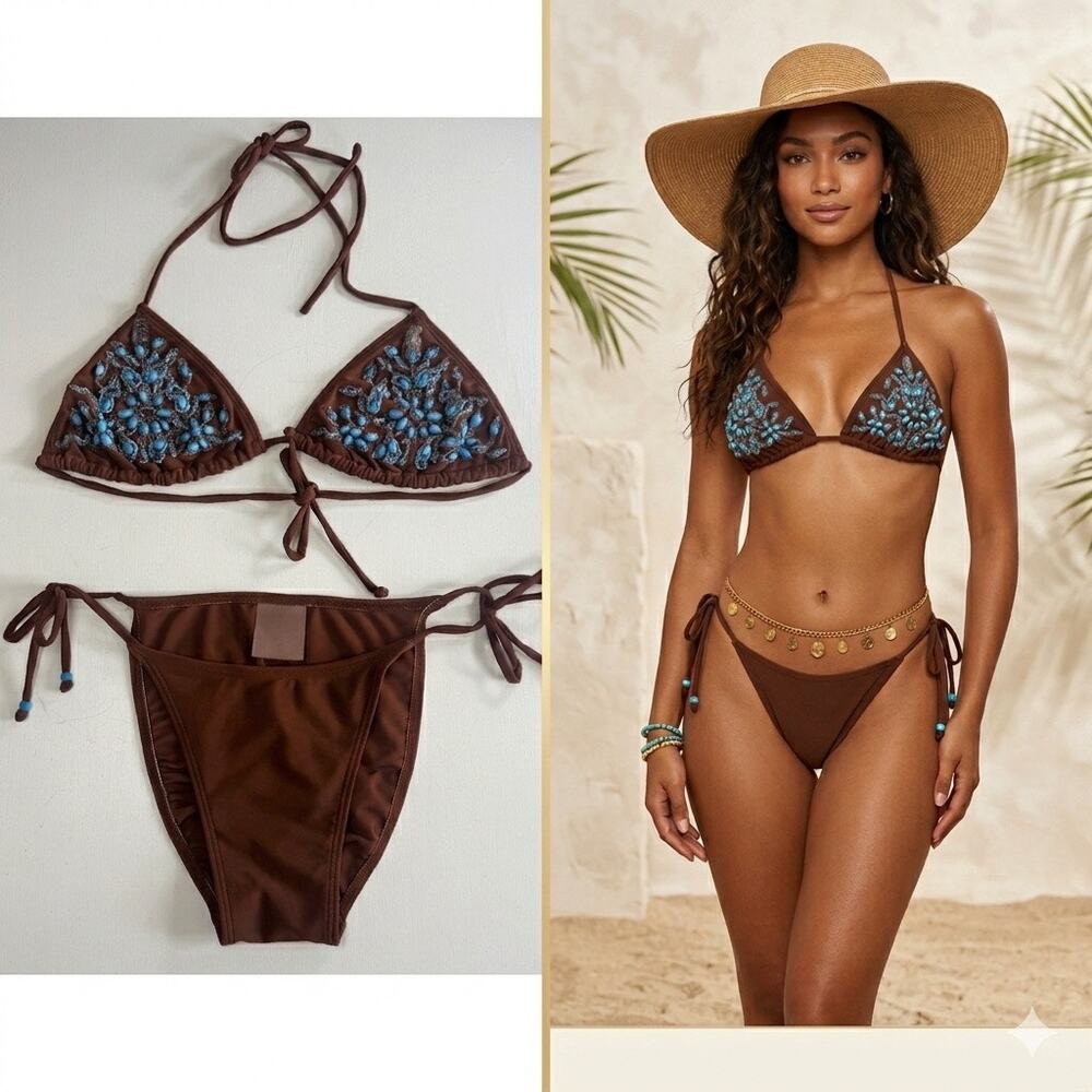 Vintage Inca Brown Beaded Bikini Set Medium Turquoise Embroidered Swimwear